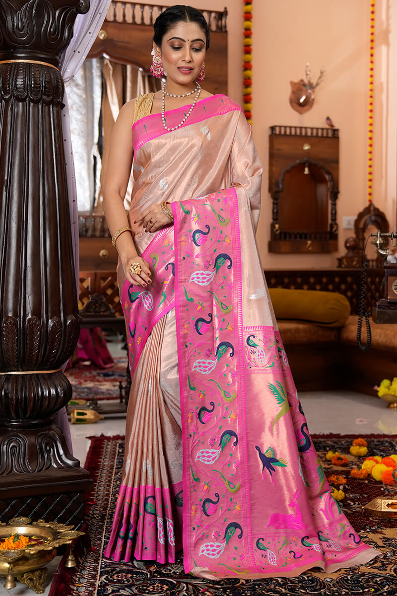 Mamta Baby Pink Paithani Silk Saree With Attached Blouse