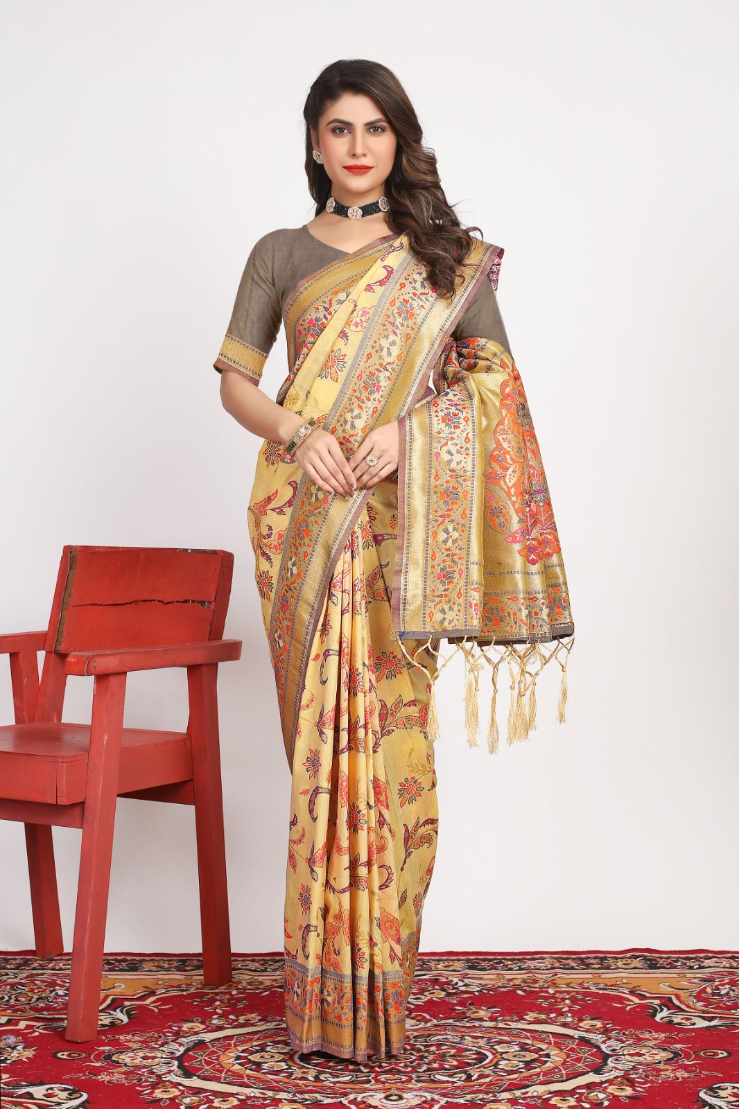 Zalak Yellow Kashmiri Pashmina Silk Saree With Elegant Blouse