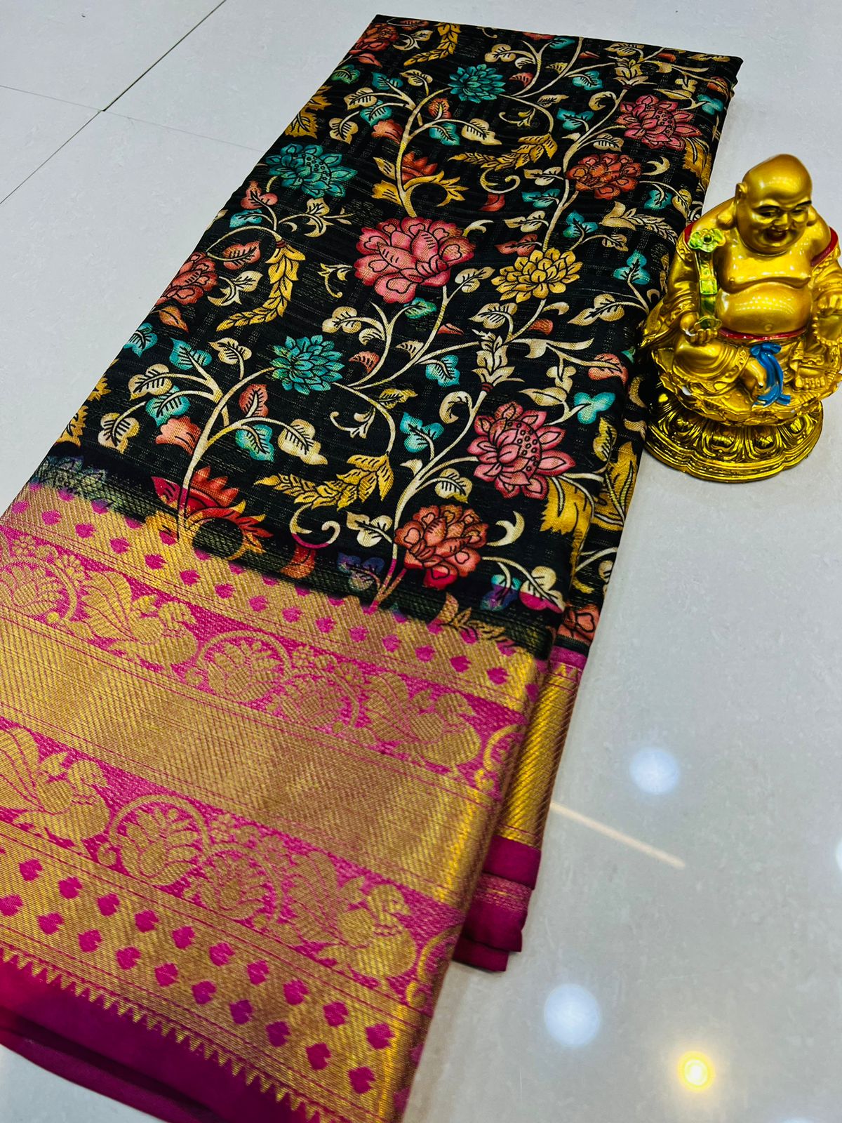 Beautiful Golden Jari Design Black Kanjivaram Soft Silk Saree For Wome -  Blouse piece:Yes, the saree comes up with a Blouse piece of 0.8 meters.  This saree is new beautiful Design soft