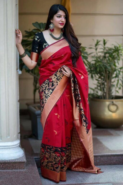 Neha Red Soft Banarasi Silk Saree With Sensational Blouse 