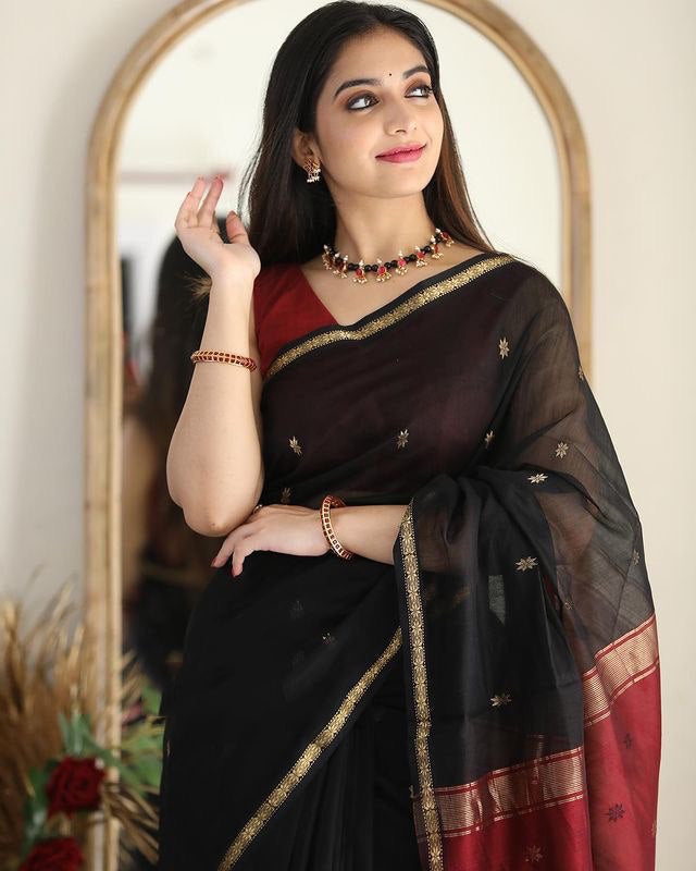 Indooja: Printed Ghicha Tusser Silk Saree - Black Red