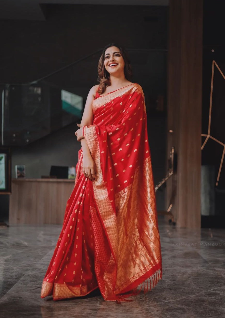  Alia Red Banarasi Soft Silk Saree With Magnetic Blouse Piece