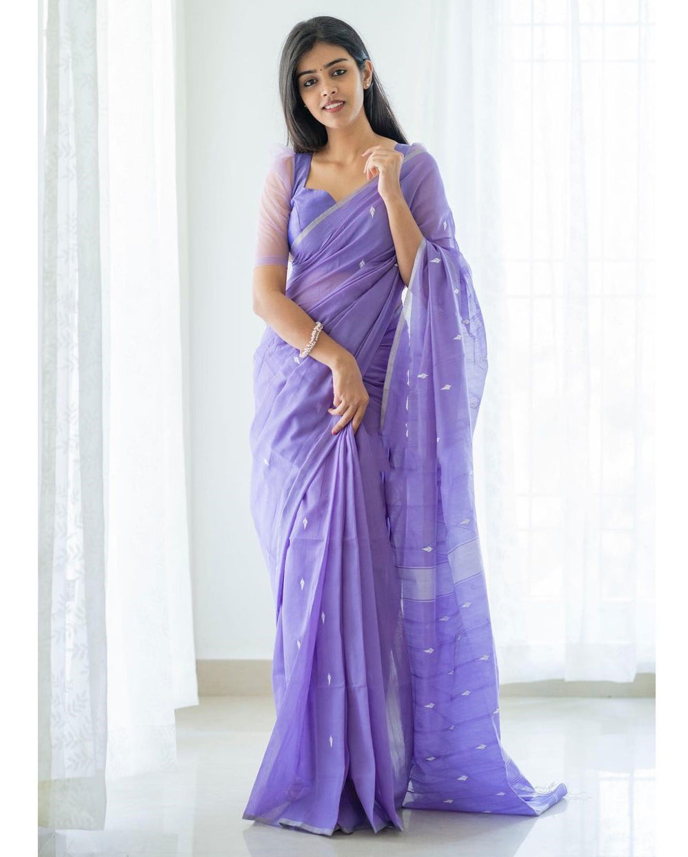 Heta Lavendor Linen Cotton Saree With Elegant Blouse 
