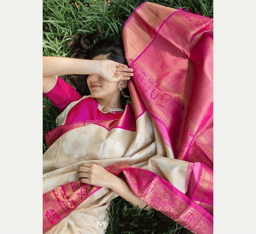 Abhilasha Whiet Pink Traditional Pure Soft Silk Sari With Attached Blouse 