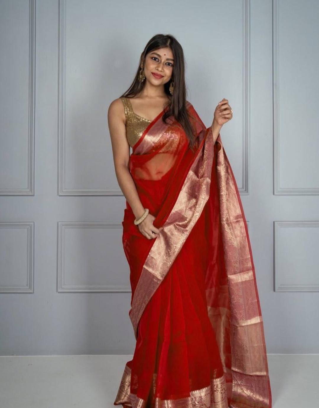 Punam Red Organza Silk Saree